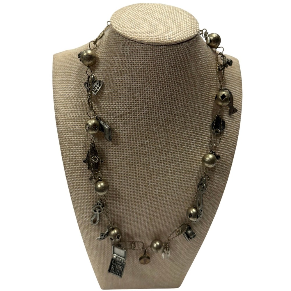 Vintage Mexican Silver wedding Charm Necklace Hamsa Moon Laptop Teapot